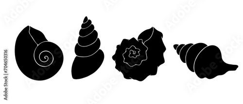 Set of silhouettes and stamps of seashells.Vector graphics.