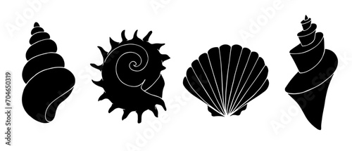 Set of silhouettes and stamps of seashells.Vector graphics.
