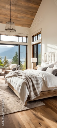 Modern mountain bedroom with wood vaulted ceiling and white walls