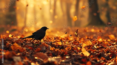  a black bird sitting on top of a pile of leaves next to a forest filled with yellow and red leaves. photo