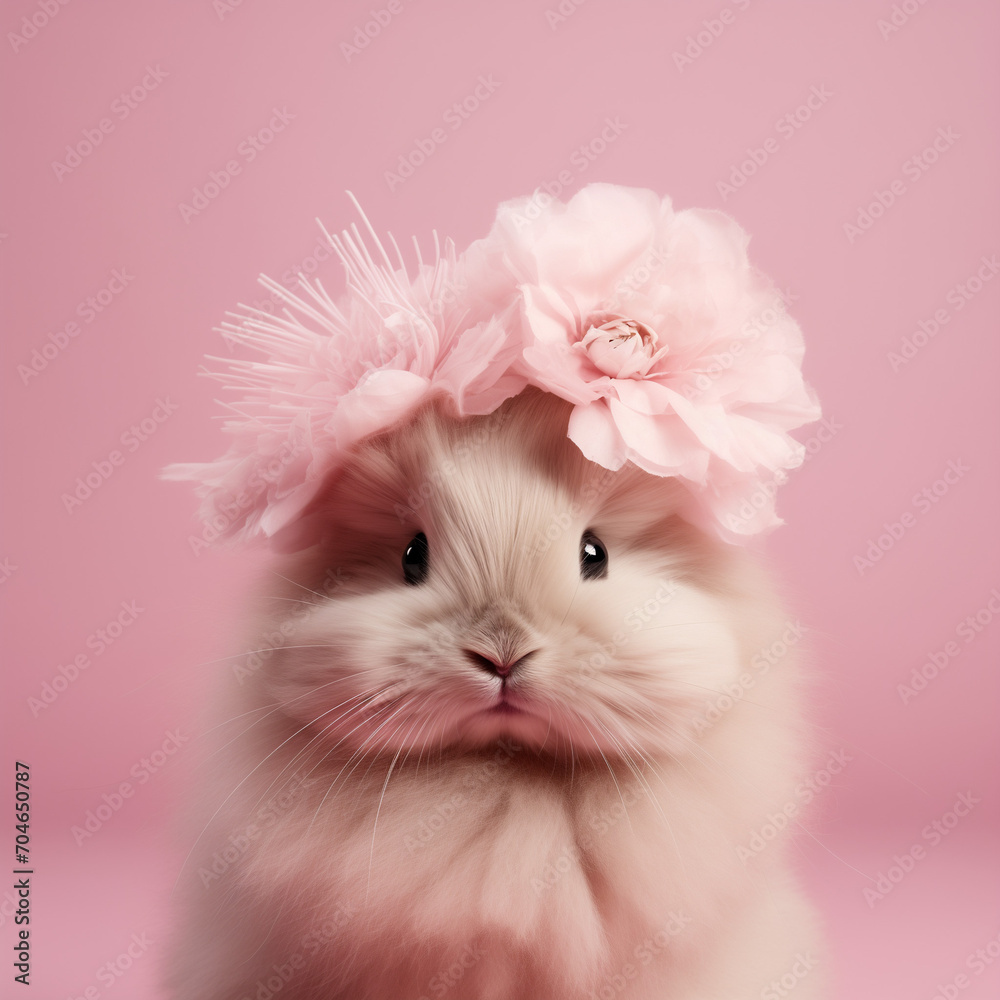 rabbit with a flowers on head.Minimal creative nature and fashion concept.Generative AI rabbit with a flowers on head.Minimal creative nature and fashion concept.Generative AI