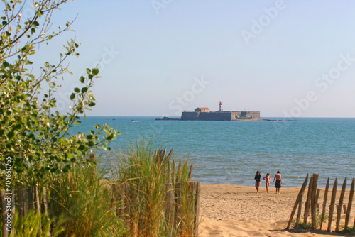Plage La Cap d'Agde,  ile Fort Brescou, île basalte au large du Cap d'Agde Hérault Occitanie Golfe du Lion Languedoc Roussillon  Sud de la France