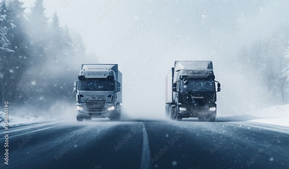Trucks on the road on a snowy day.Minimal travel concept.Copy space.Generative AI Trucks on the road on a snowy day.Minimal travel concept.Copy space.Generative AI