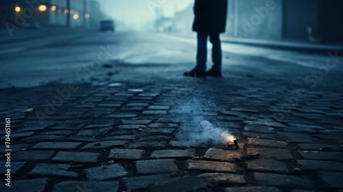 Dark shadow of a lonely person on the ground in the street. Stranger with a cigarette. Anxiety, depression, loneliness, fear concept photo