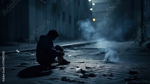 Dark shadow of a lonely person on the ground in the street. Stranger with a cigarette. Anxiety, depression, loneliness, fear concept photo