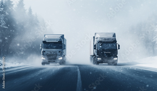 Trucks on the road on a snowy day.Minimal travel concept.Copy space.Generative AI