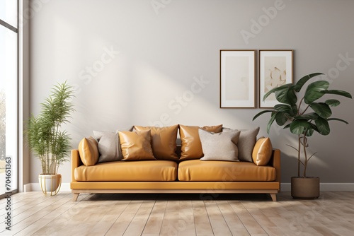 Modern living room interior with brown leather sofa photo