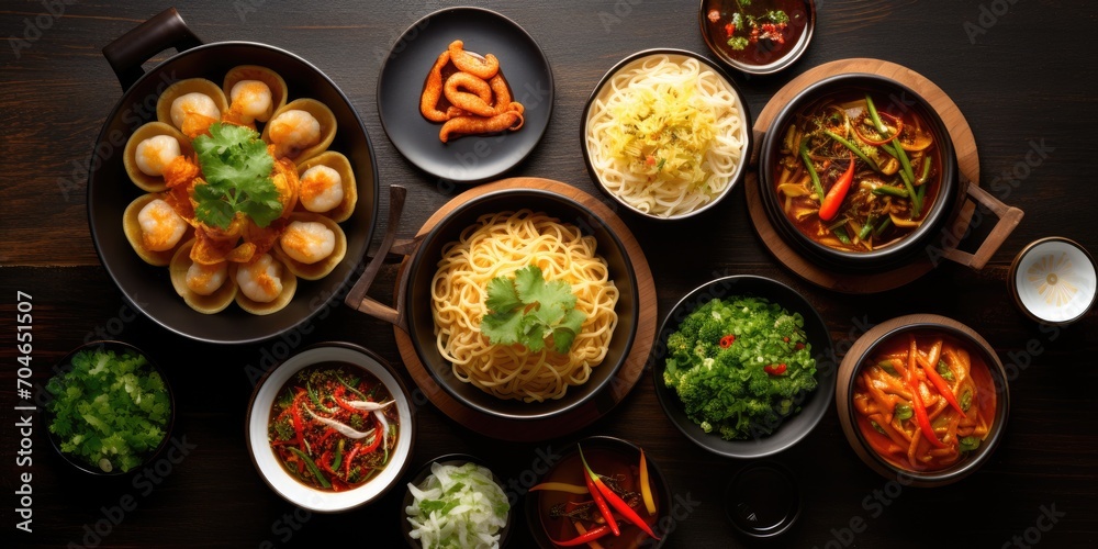 Arranged top view of a variety of Asian-inspired dishes on a black wooden table, including noodles, dumplings, and vegetables.