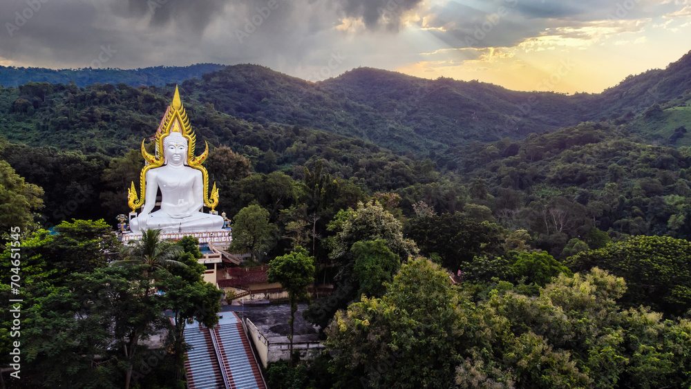 High angle view Aerial photograph of Buddha statue in the forest