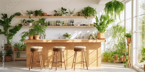 Stylish kitchen corner with white walls, wooden bar and plants.