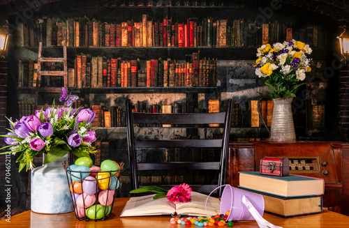 Easter decorations with jelly beans colored eggs and spring flowers with old library background