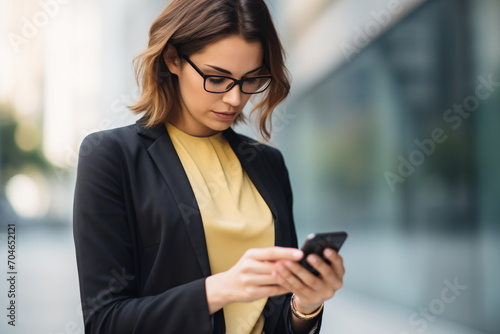Young businesswoman in glasses using smartphone