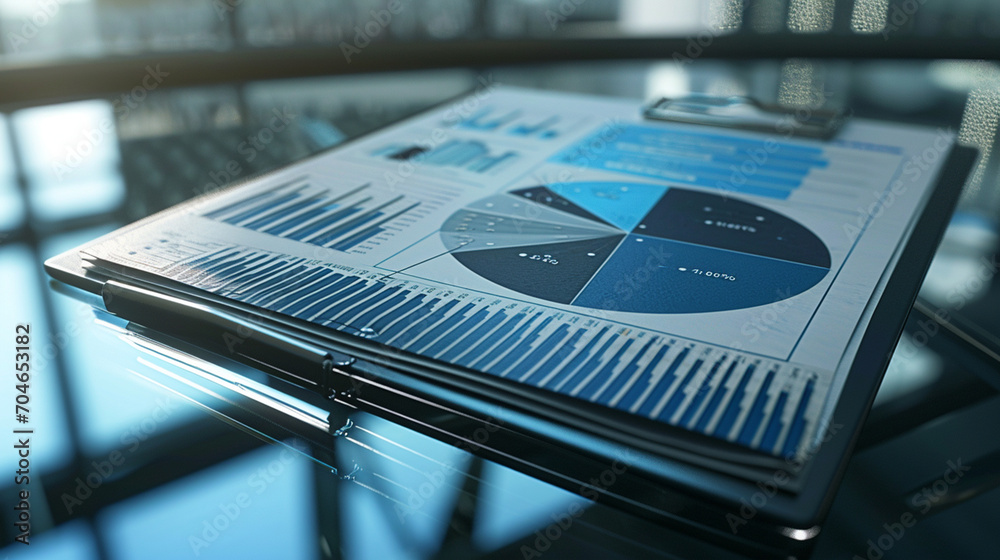 sheets with blue business charts on a glass meeting table