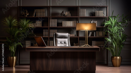 a very elegant brown office with a wooden table and dark leather chair