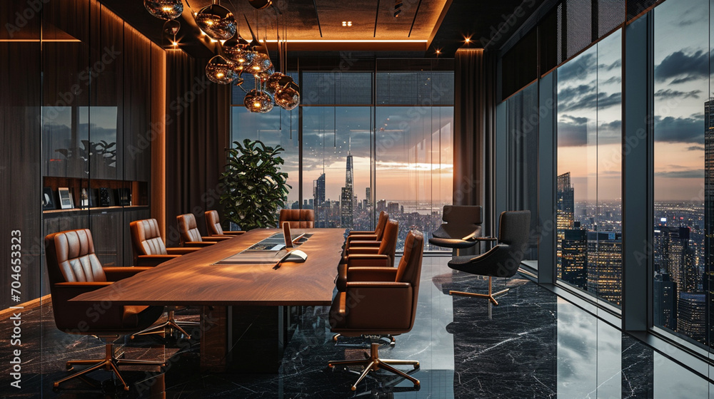 elegant meeting room at night with large windows illuminated by artificial light - obrazy, fototapety, plakaty 