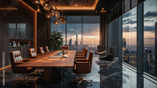elegant meeting room at night with large windows illuminated by artificial light photo