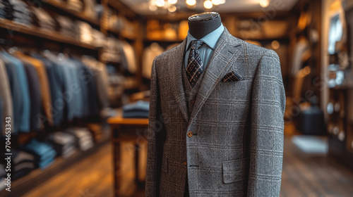 mannequin with gray suit and brown trim displayed in a suit store