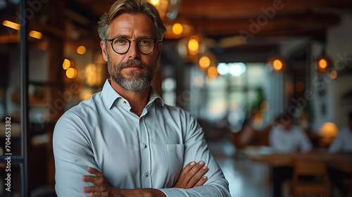 businessman with glasses poses in front of his restaurant © alexandra_pp