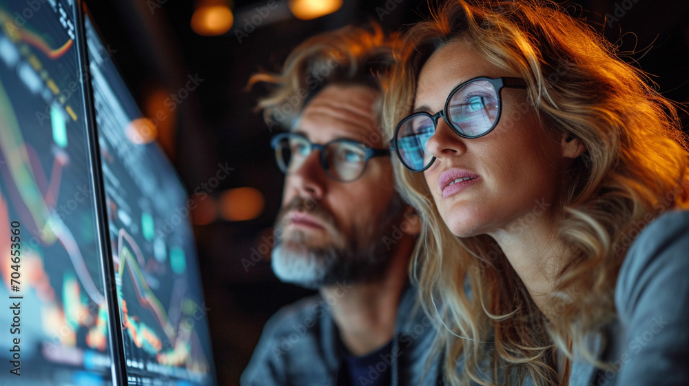 a woman and a man looking at graphs together on computer screens