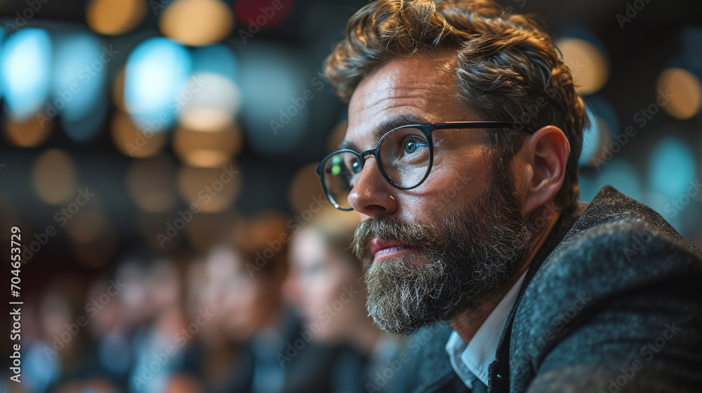 man attends a conference with blurred background