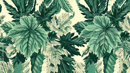  a close up of a green and white wallpaper with a lot of leaves and flowers on a white background.