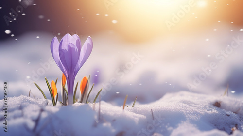 Purple Crocus spring flower growing in snow. Beautiful floral card with brilliant sparkling background. Generative AI © svittlana