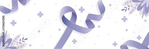 Bannière avec des rubans violets en soutien à la lutte mondiale contre le Cancer - Arrière-plan contre la maladie - Sensibilisation, prévention et solidarité - Univers médical - Vecteur