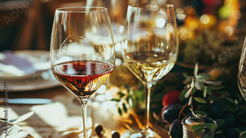 Two glasses of white wine on restaurant table, wine tasting event