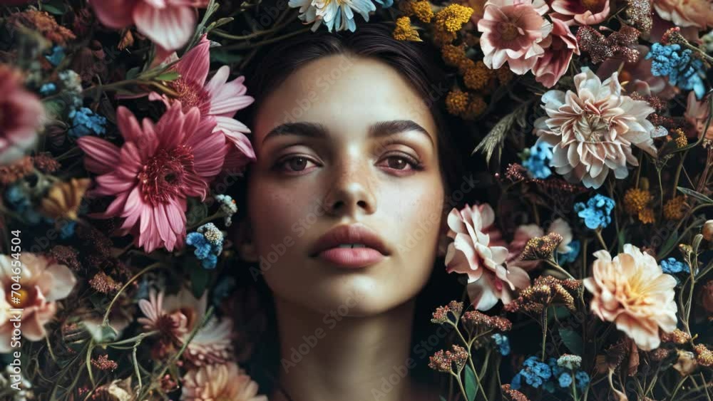 Beautiful romantic young girl face surrounded surrounded with many colorful flower blooms. Close up, candid beauty, fashion portrait Beautiful romantic young girl face surrounded surrounded with many colorful flower blooms. Close up, candid beauty, fashion portrait