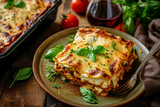 Lasagne served on a plate, garnished with fresh basil and tomato