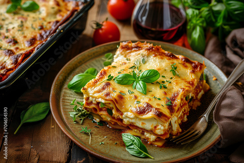 Lasagne served on a plate, garnished with fresh basil and tomato