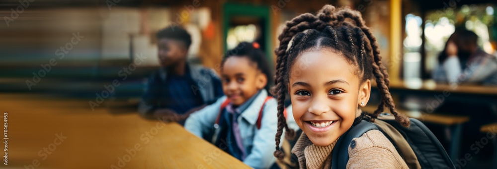 portrait of smiling little african girl sitting in classroom portrait of smiling little african girl sitting in classroom