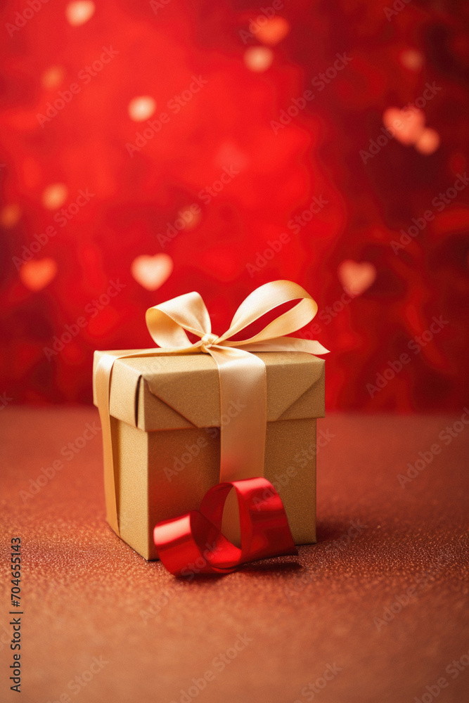 Gift box with red ribbon on a red background with hearts.