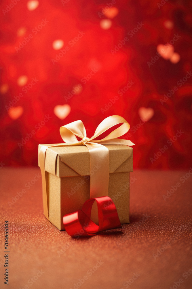 Gift box with red ribbon on a red background with hearts. Gift box with red ribbon on a red background with hearts.