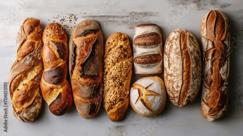  a group of breads sitting on top of a counter next to each other on top of a white surface.