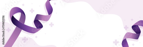 Bannière présentant des rubans violet en signe de soutien à la lutte contre le cancer - Arrière-plan décoratif avec végétaux - Sensibilisation, prévention, espoir et solidarité 