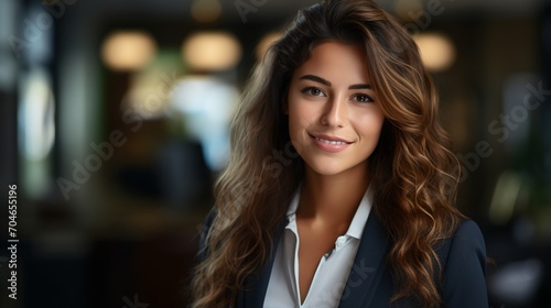 Confident young businesswoman with brown hair wearing a white blouse and blue suit jacket