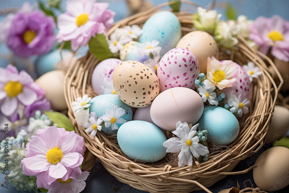 Beautiful pink and light blue easter eggs and flowers in a nest