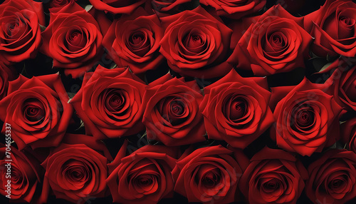 Banner with red roses texture. Close-up  panoramic view
