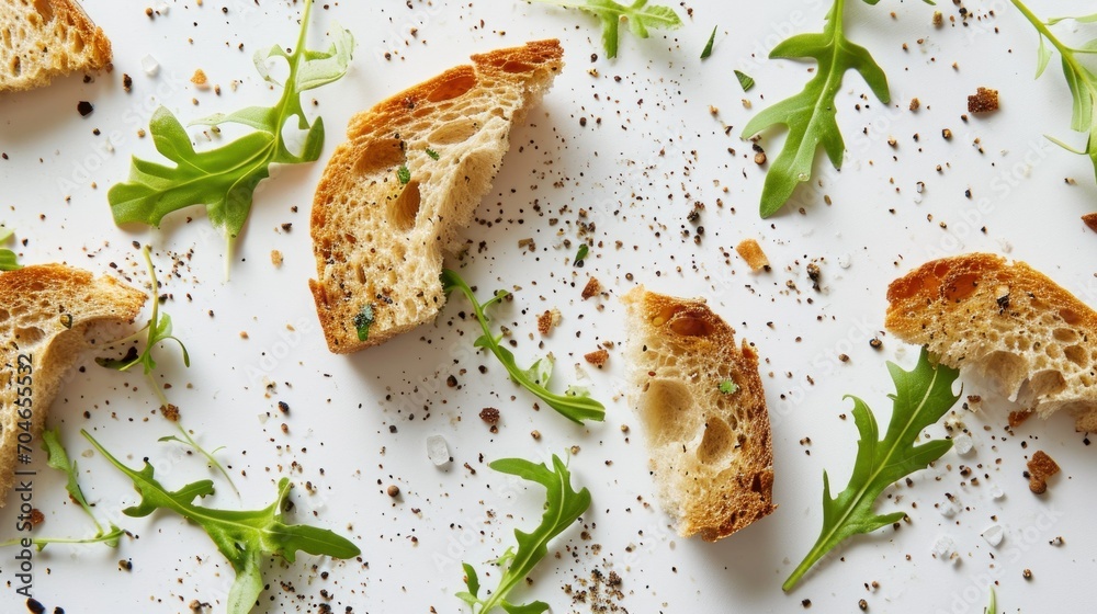 a close up of a piece of bread with sprouts of green leaves on top of it on a white surface. a close up of a piece of bread with sprouts of green leaves on top of it on a white surface.