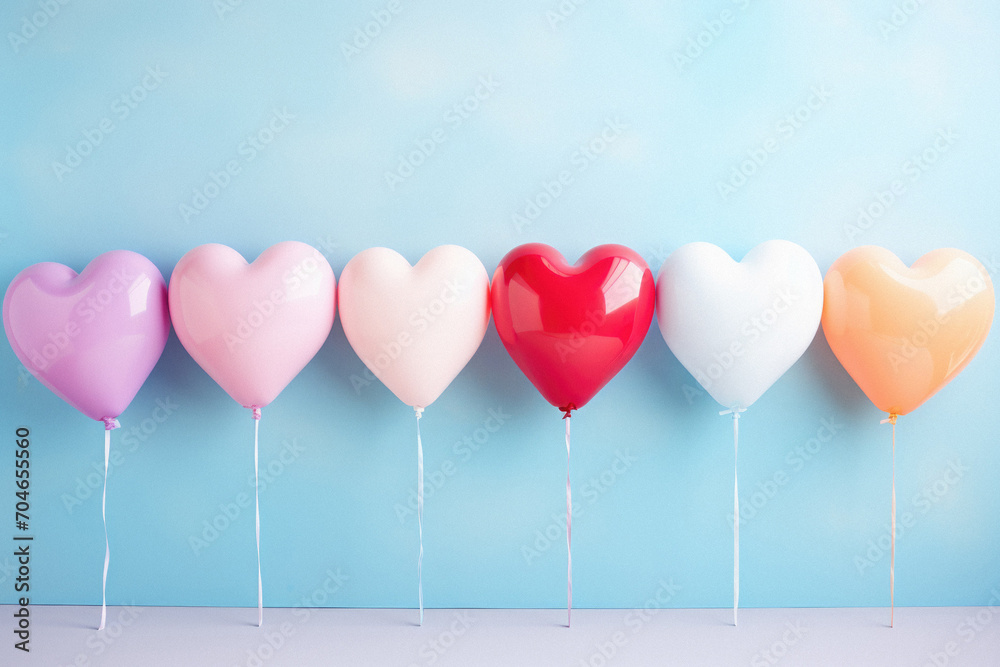 Colorful heart shaped balloons on blue background. Valentine's day concept.