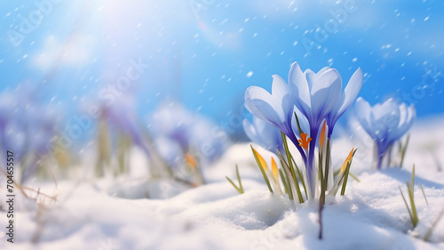 Purple Crocus spring flower growing in snow. Beautiful floral card with brilliant sparkling background. Generative AI