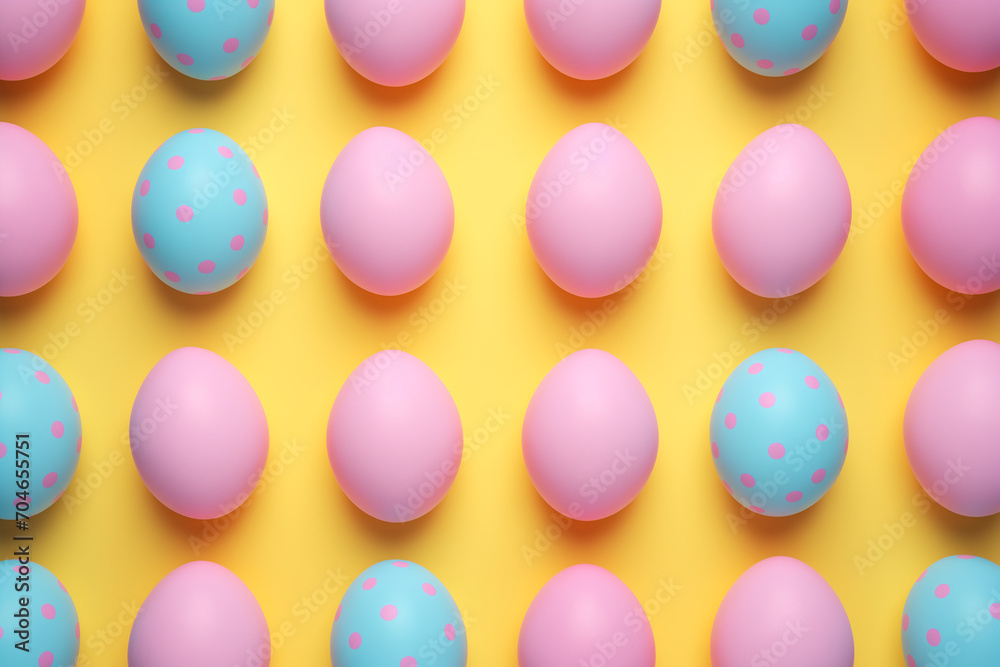 Colorful easter eggs in a row on a yellow background