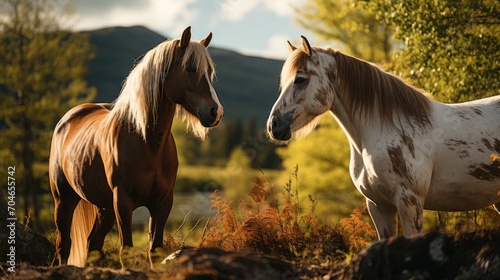 brown and white horses facing each other © pector