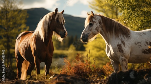 brown and white horses facing each other