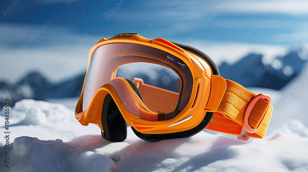 Yellow ski goggles, a sports helmet, and a protective mask lie on the snow against the sky. Close-up.