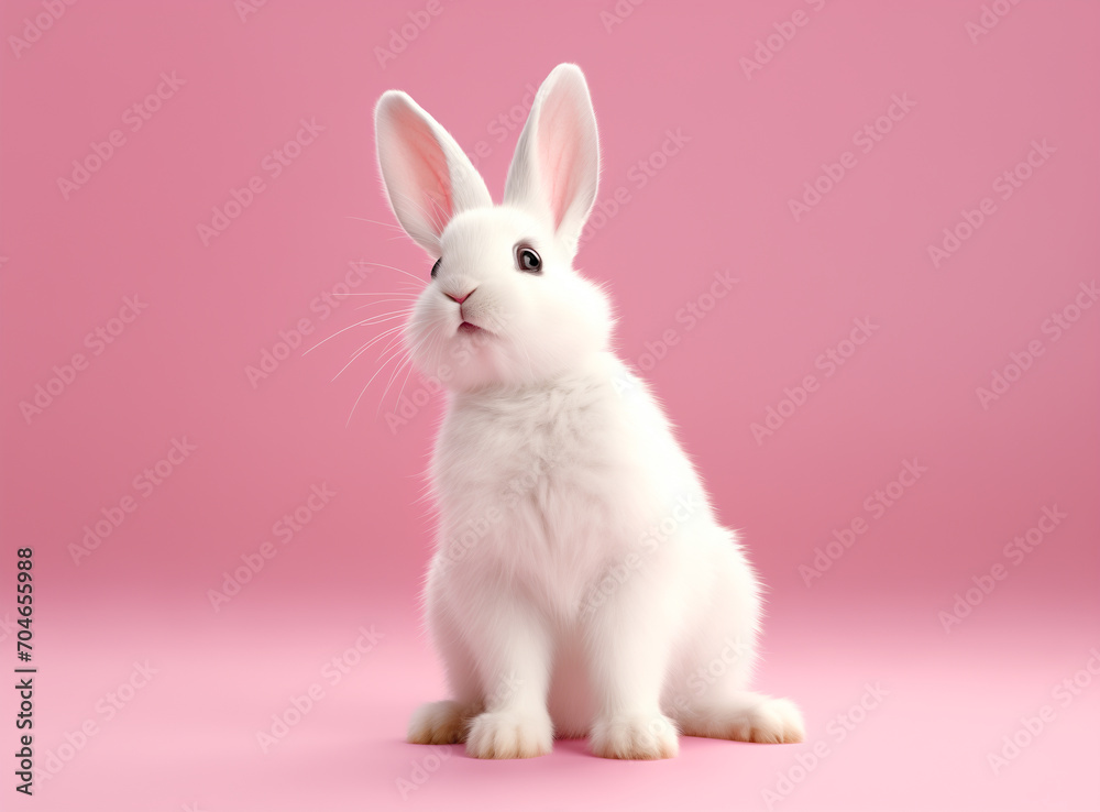 Obraz premium Curious white bunny on a pink background