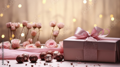 Gift box and pink roses on wooden background with bokeh.