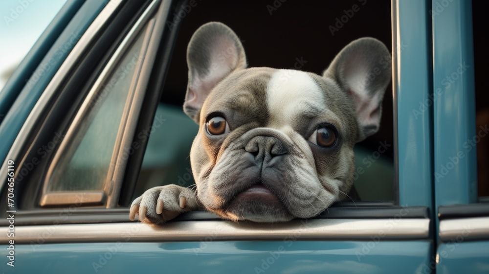 Dog peeking out of window of car.