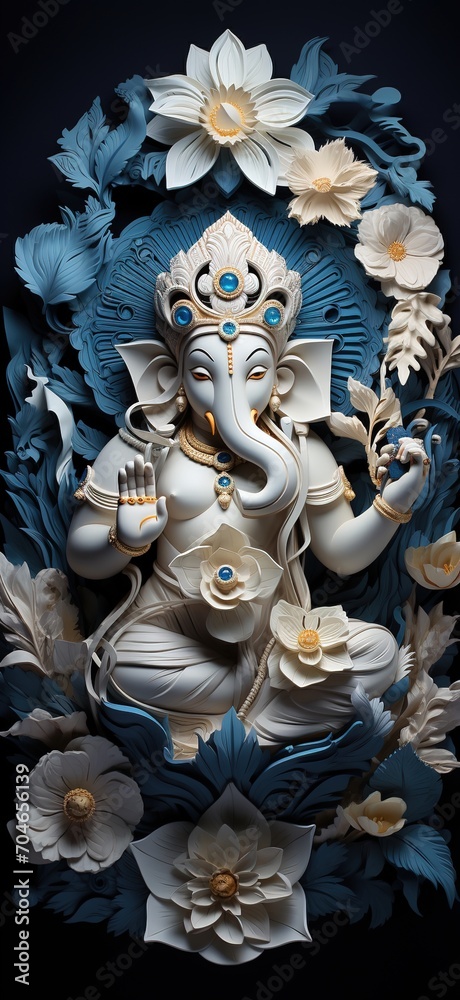 White and blue 3D image of the Hindu god Ganesha sitting on a lotus flower
